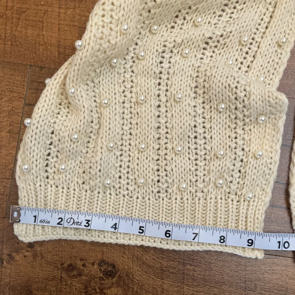 Cream Knit Scarf Embellished w/ Faux Pearls